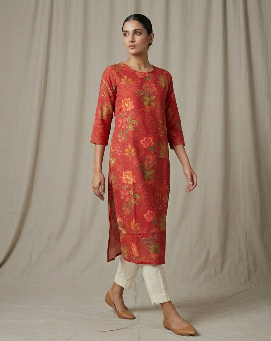 Crimson "Botanical Bloom" Floral Print Premium Cotton Straight Kurti