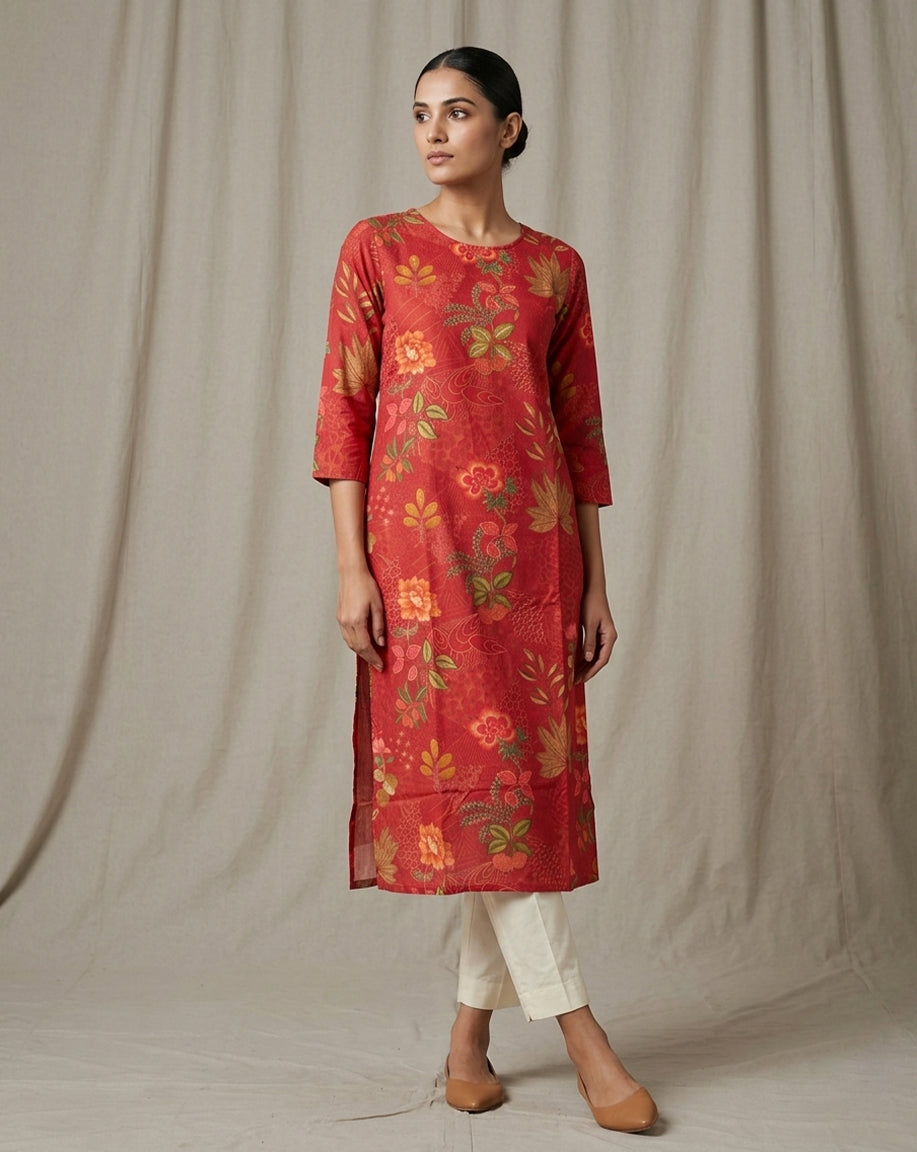 Crimson "Botanical Bloom" Floral Print Premium Cotton Straight Kurti