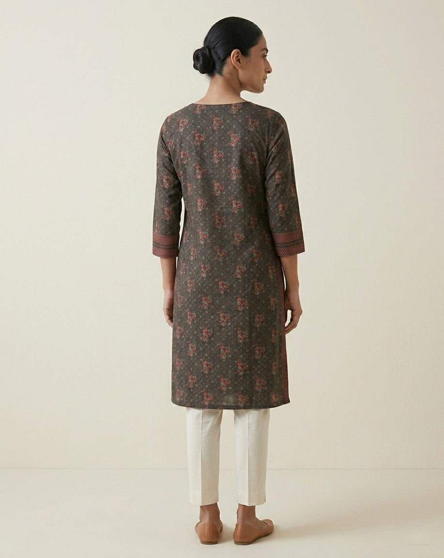 Charcoal "Ethereal" Floral Printed Cotton Straight Kurta