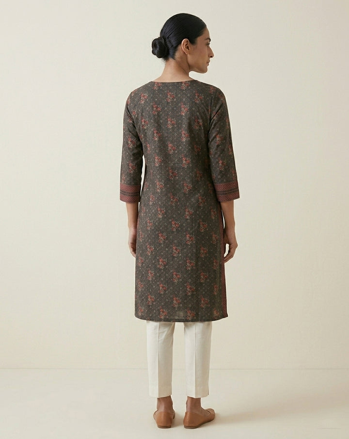 Charcoal "Ethereal" Floral Printed Cotton Straight Kurta