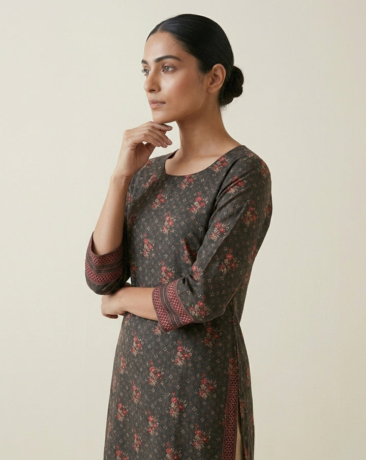 Charcoal "Ethereal" Floral Printed Cotton Straight Kurta