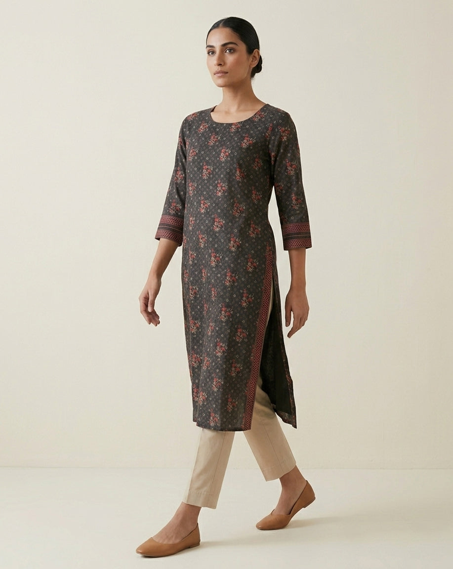 Charcoal "Ethereal" Floral Printed Cotton Straight Kurta