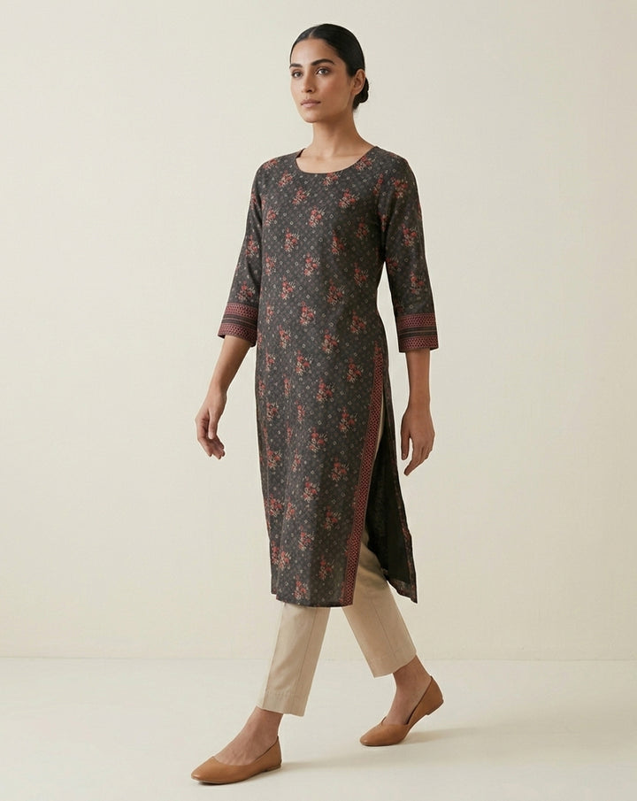 Charcoal "Ethereal" Floral Printed Cotton Straight Kurta