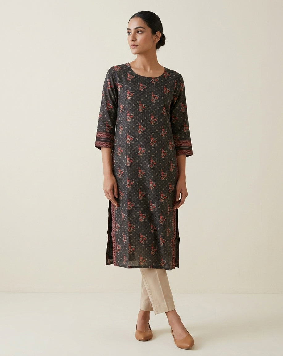 Charcoal "Ethereal" Floral Printed Cotton Straight Kurta