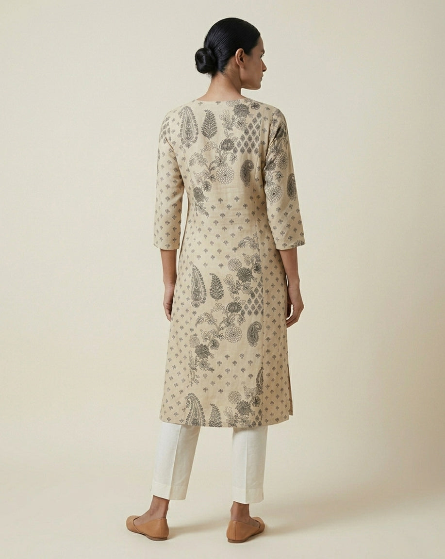 Beige "Heritage" Paisley Printed Cotton Straight Kurta