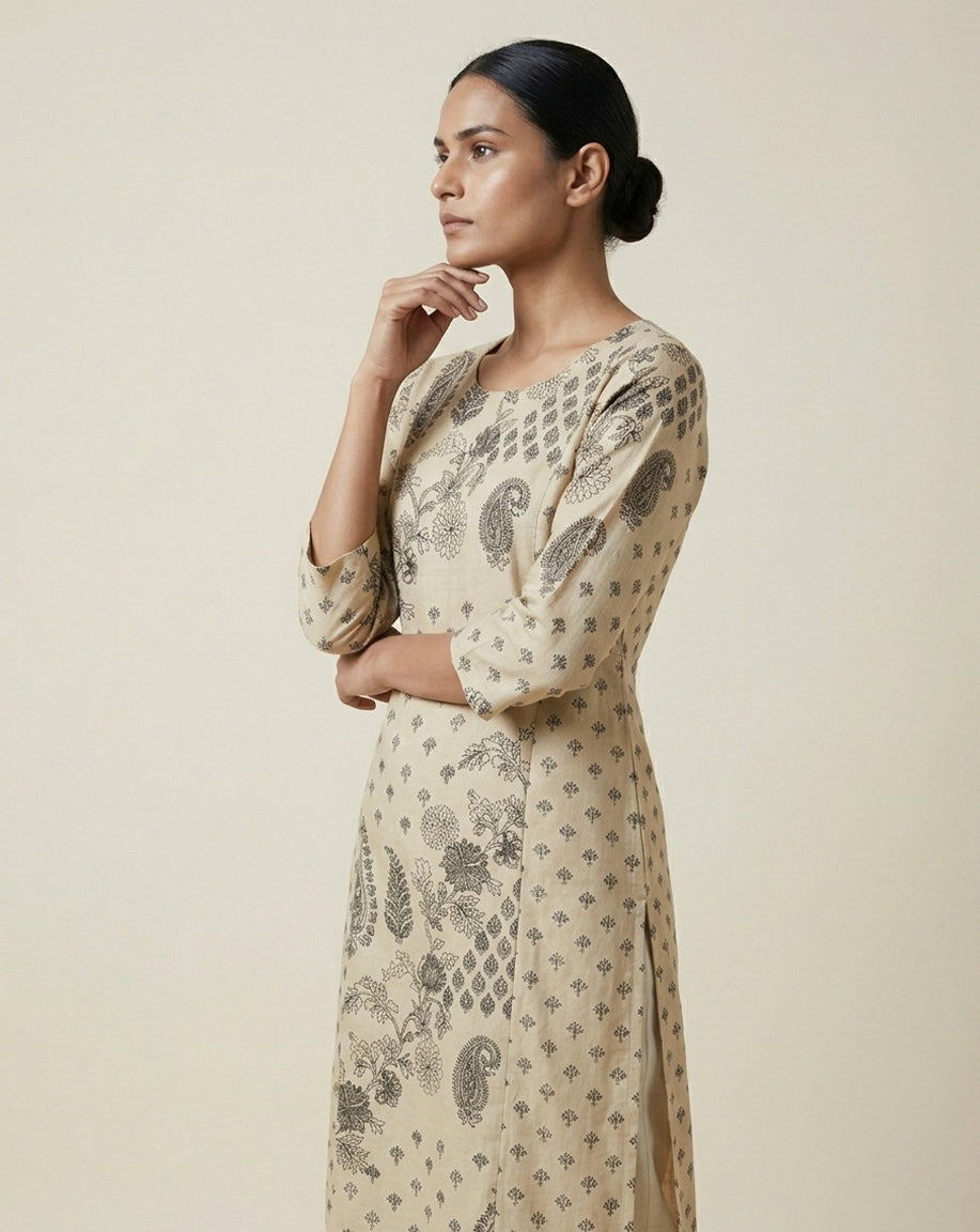 Beige "Heritage" Paisley Printed Cotton Straight Kurta
