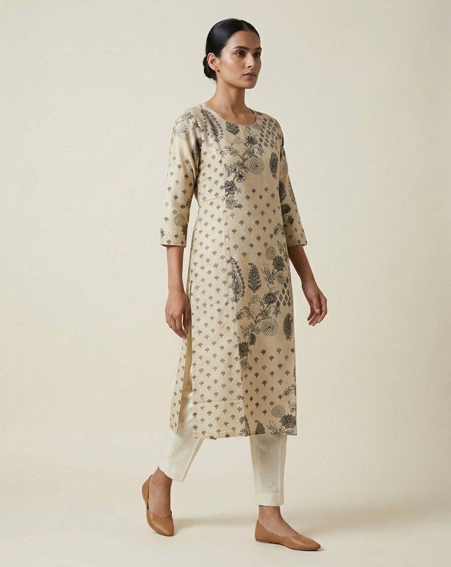 Beige "Heritage" Paisley Printed Cotton Straight Kurta