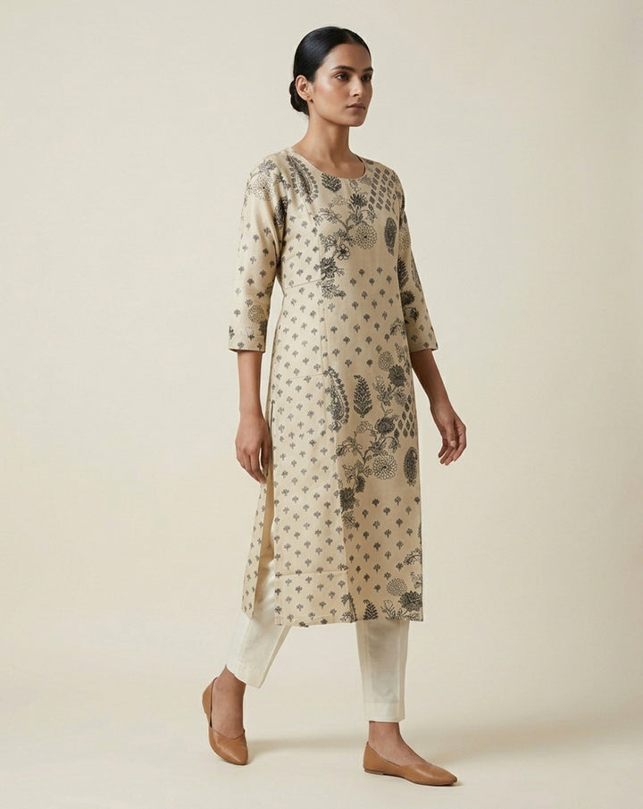 Beige "Heritage" Paisley Printed Cotton Straight Kurta
