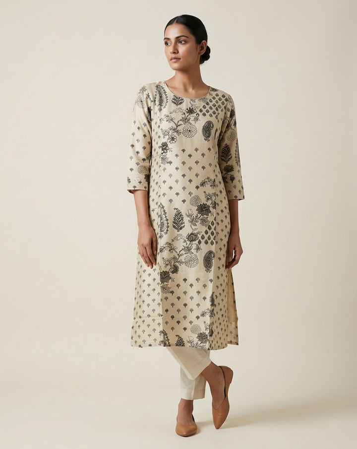 Beige "Heritage" Paisley Printed Cotton Straight Kurta