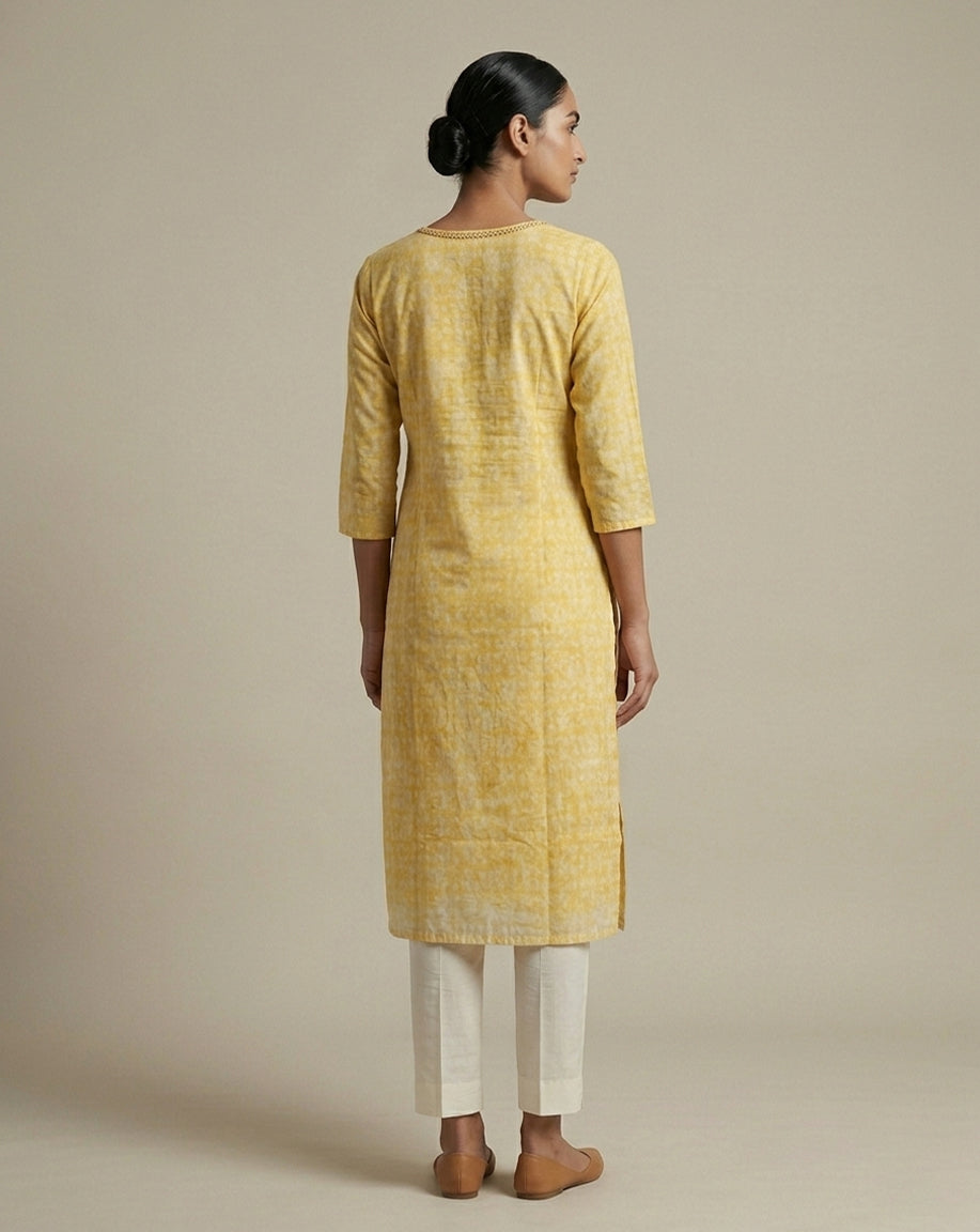 Yellow "Dappled" Abstract Print Cotton Straight Kurta