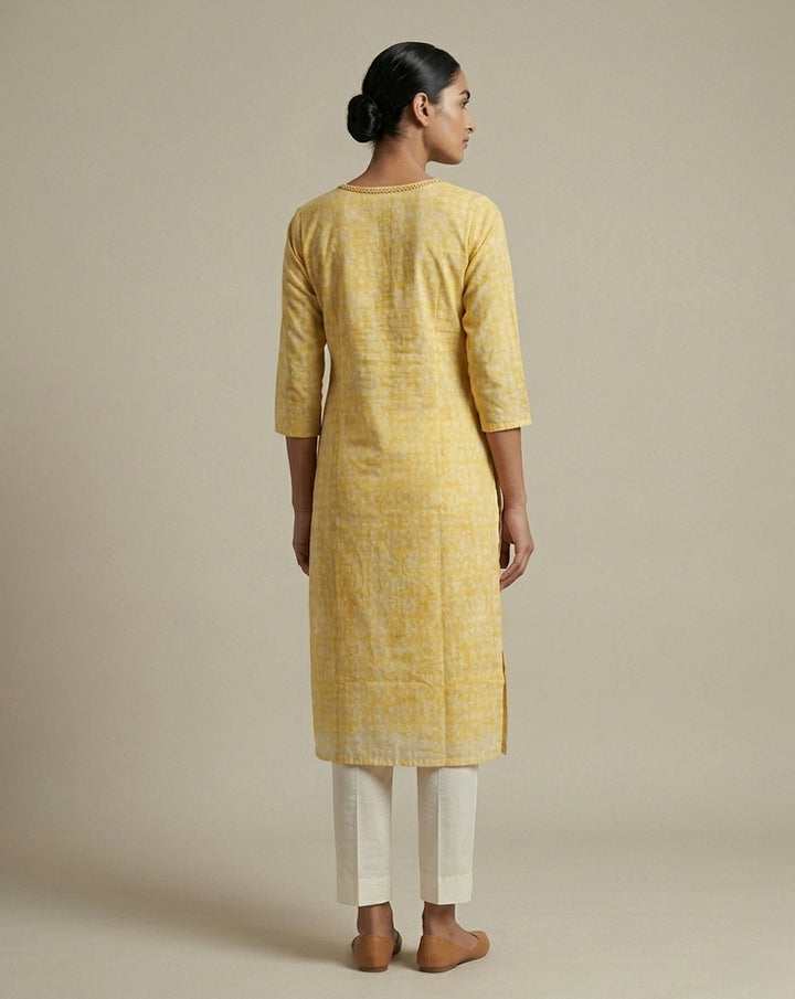 Yellow "Dappled" Abstract Print Cotton Straight Kurta
