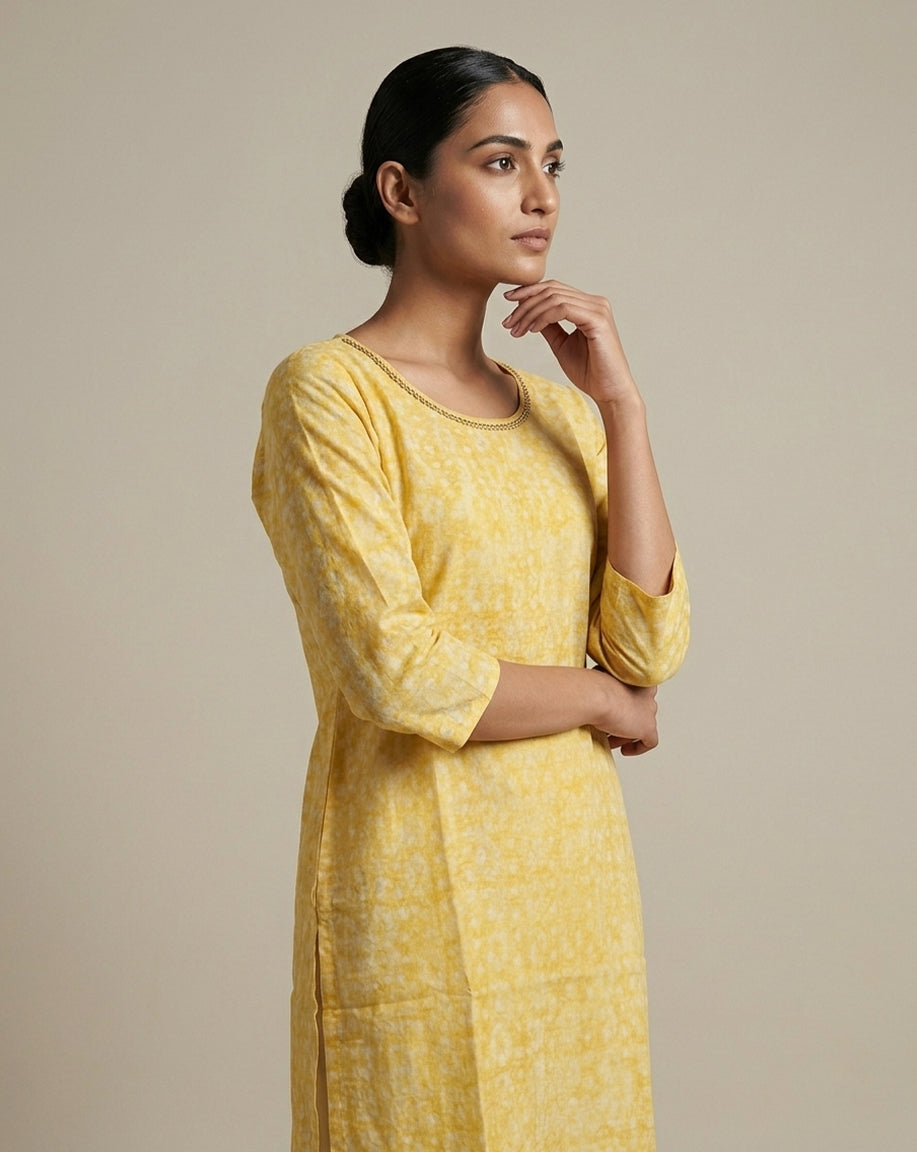 Yellow "Dappled" Abstract Print Cotton Straight Kurta
