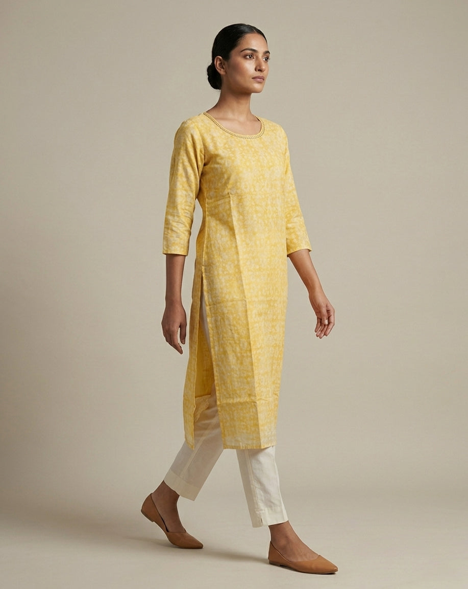 Yellow "Dappled" Abstract Print Cotton Straight Kurta