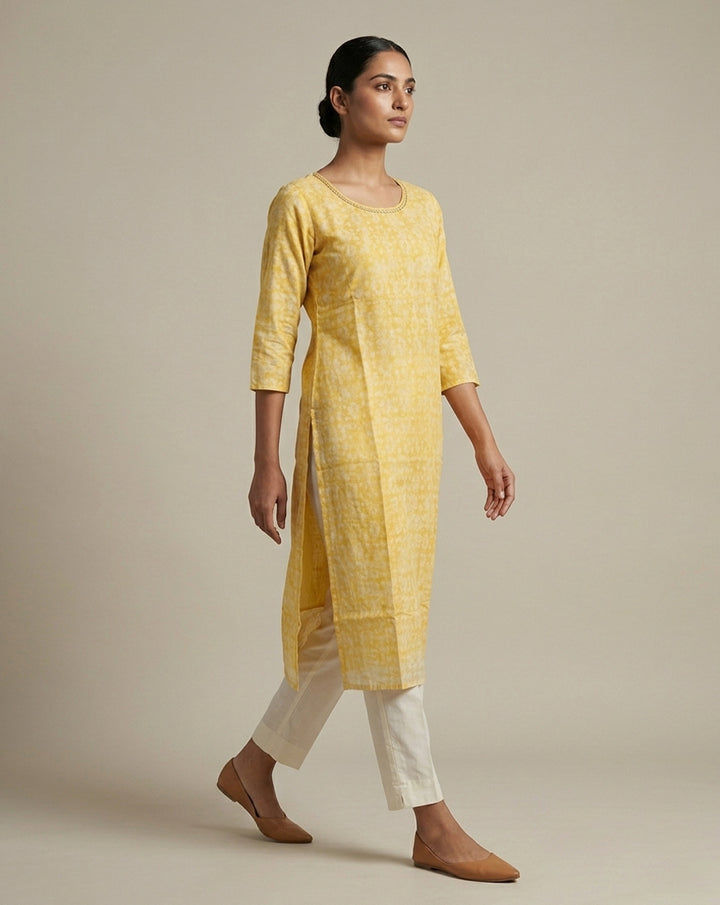 Yellow "Dappled" Abstract Print Cotton Straight Kurta