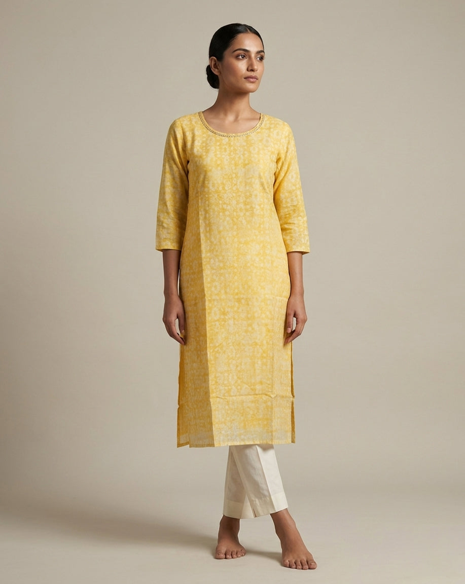Yellow "Dappled" Abstract Print Cotton Straight Kurta