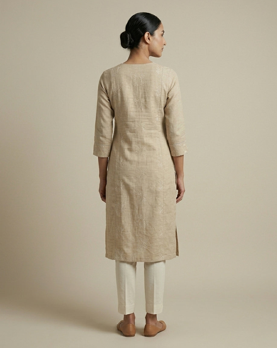 Beige "Serene" Floral Embroidered Cotton Straight Kurta