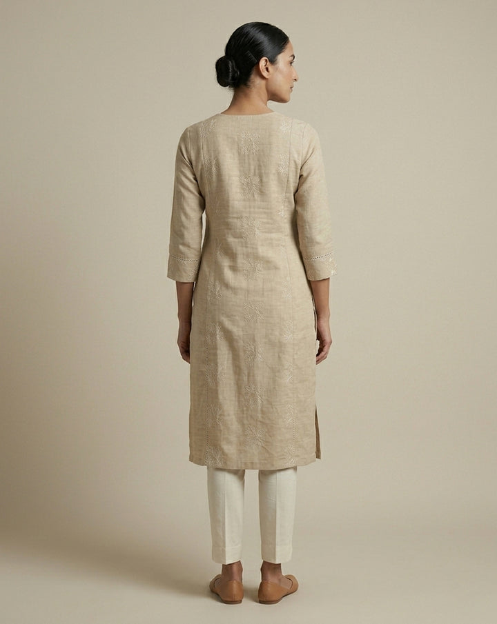 Beige "Serene" Floral Embroidered Cotton Straight Kurta