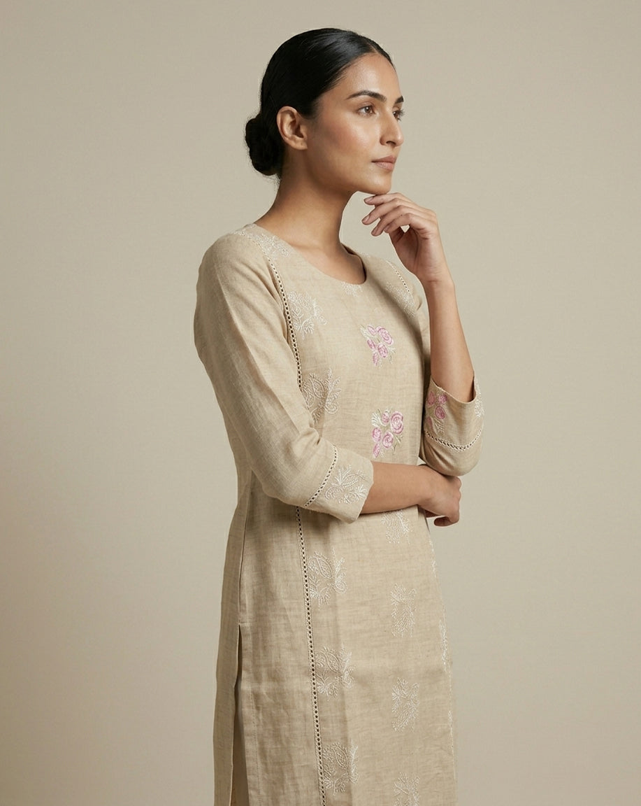 Beige "Serene" Floral Embroidered Cotton Straight Kurta