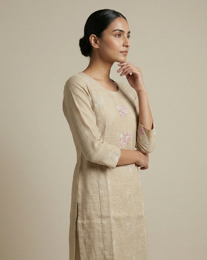 Beige "Serene" Floral Embroidered Cotton Straight Kurta