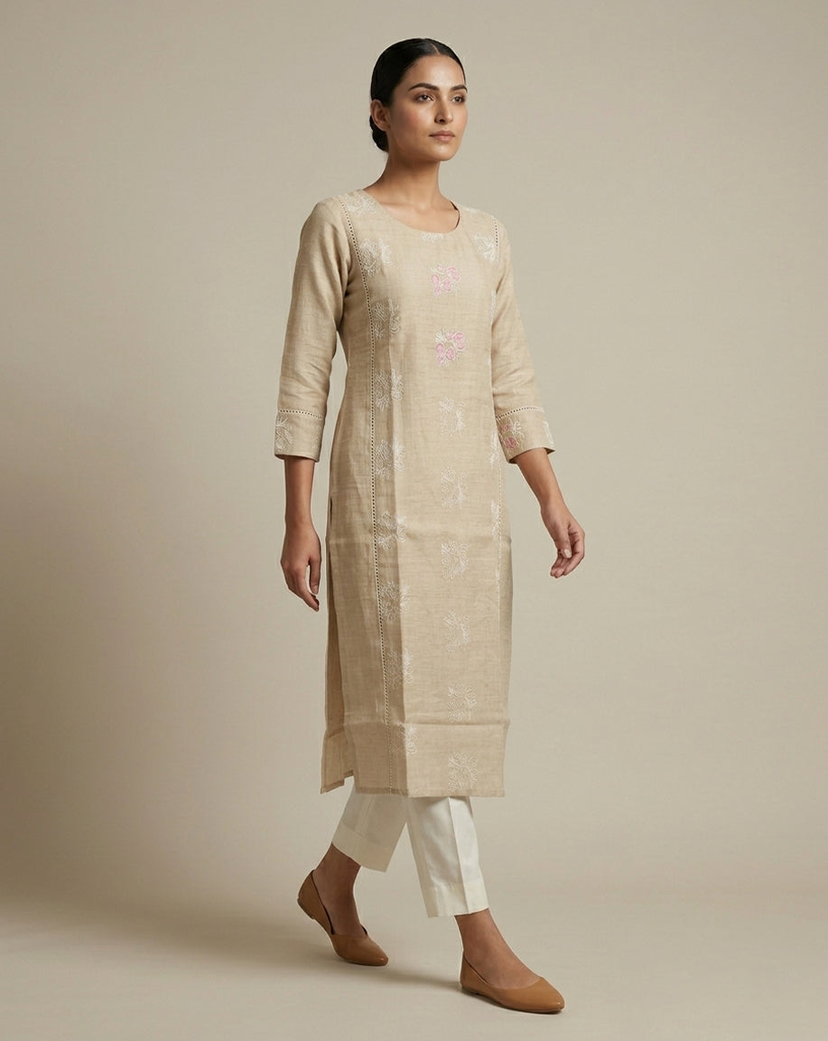 Beige "Serene" Floral Embroidered Cotton Straight Kurta