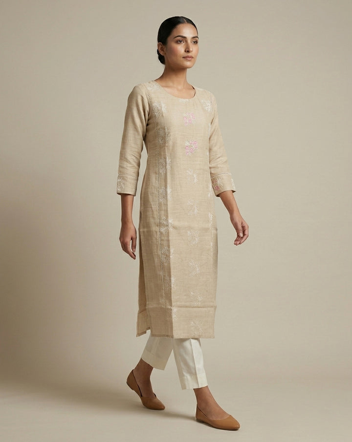 Beige "Serene" Floral Embroidered Cotton Straight Kurta