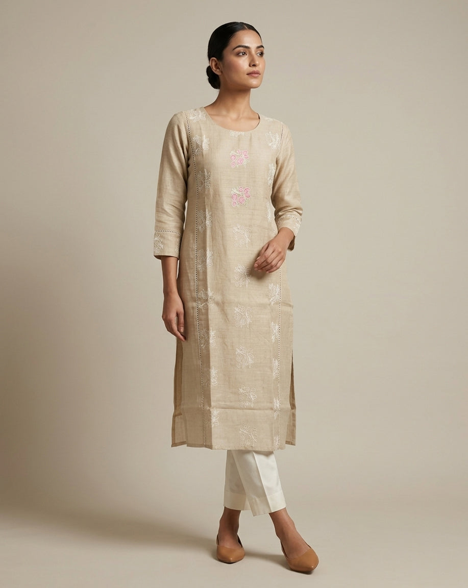 Beige "Serene" Floral Embroidered Cotton Straight Kurta