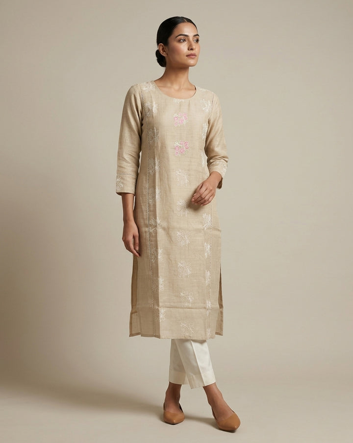 Beige "Serene" Floral Embroidered Cotton Straight Kurta