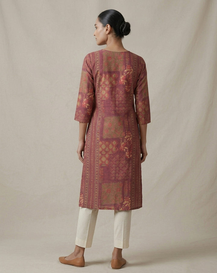 Maroon "Heritage" Patchwork Print Cotton Straight Kurta