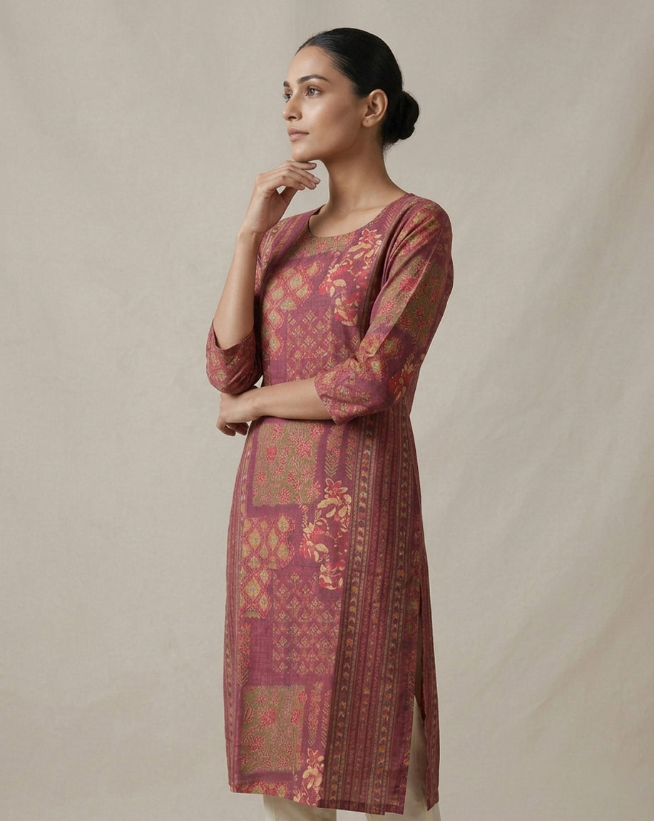 Maroon "Heritage" Patchwork Print Cotton Straight Kurta