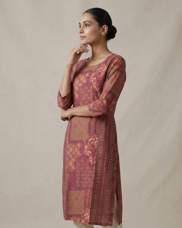 Maroon "Heritage" Patchwork Print Cotton Straight Kurta