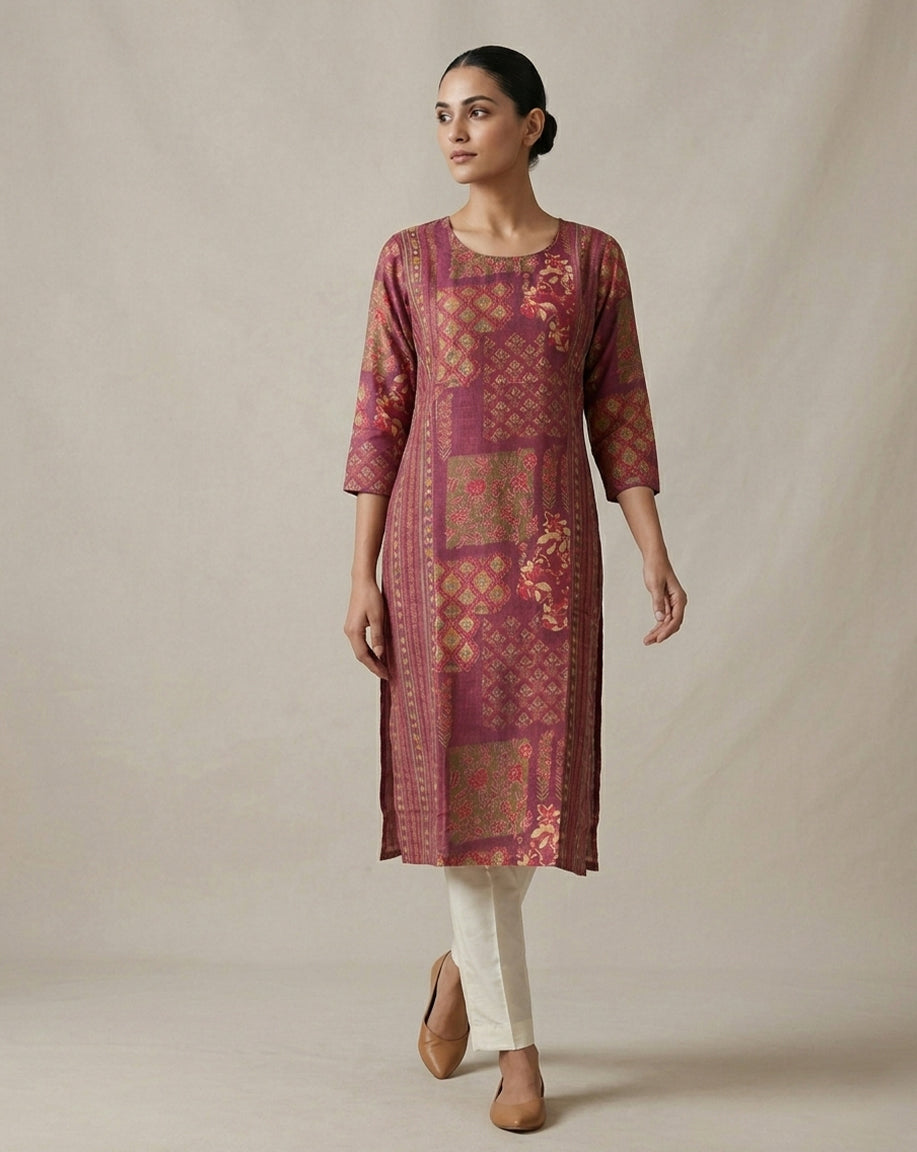 Maroon "Heritage" Patchwork Print Cotton Straight Kurta