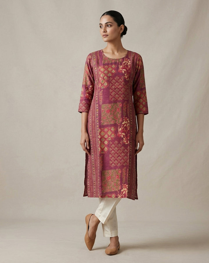Maroon "Heritage" Patchwork Print Cotton Straight Kurta