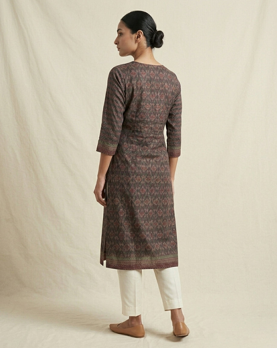 Maroon "Ethereal" Ikat Print Cotton Straight Kurta