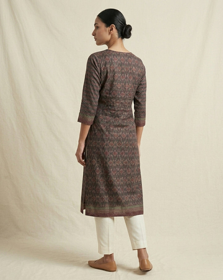 Maroon "Ethereal" Ikat Print Cotton Straight Kurta