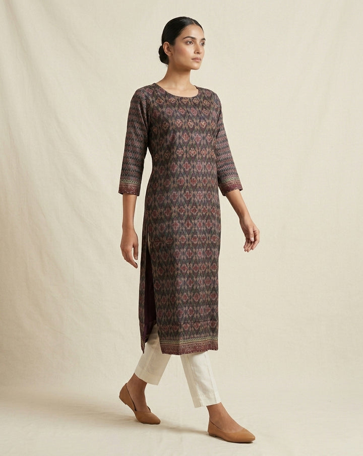 Maroon "Ethereal" Ikat Print Cotton Straight Kurta