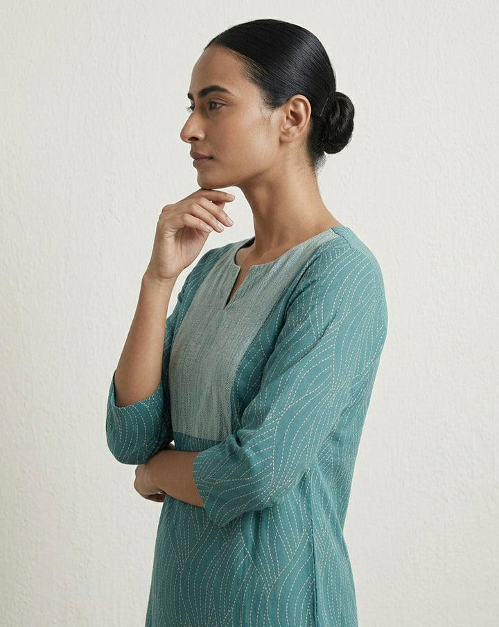 Teal "Wave" Print Cotton Straight Kurta