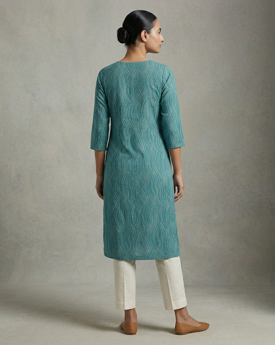 Teal "Wave" Print Cotton Straight Kurta