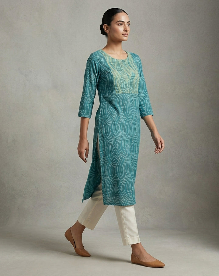 Teal "Wave" Print Cotton Straight Kurta