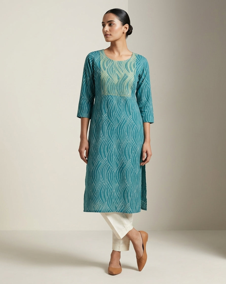 Teal "Wave" Print Cotton Straight Kurta