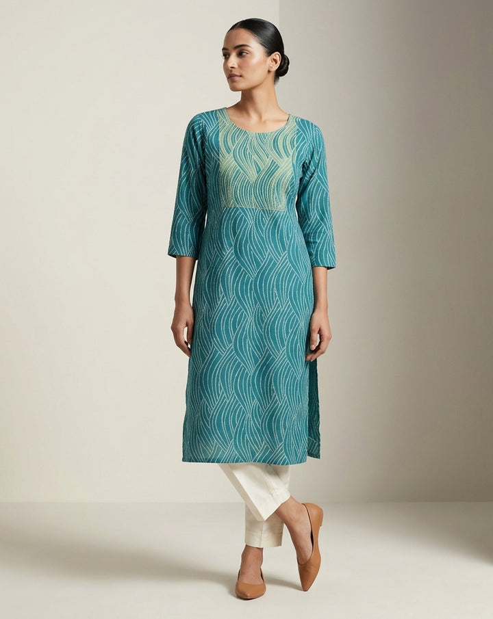 Teal "Wave" Print Cotton Straight Kurta