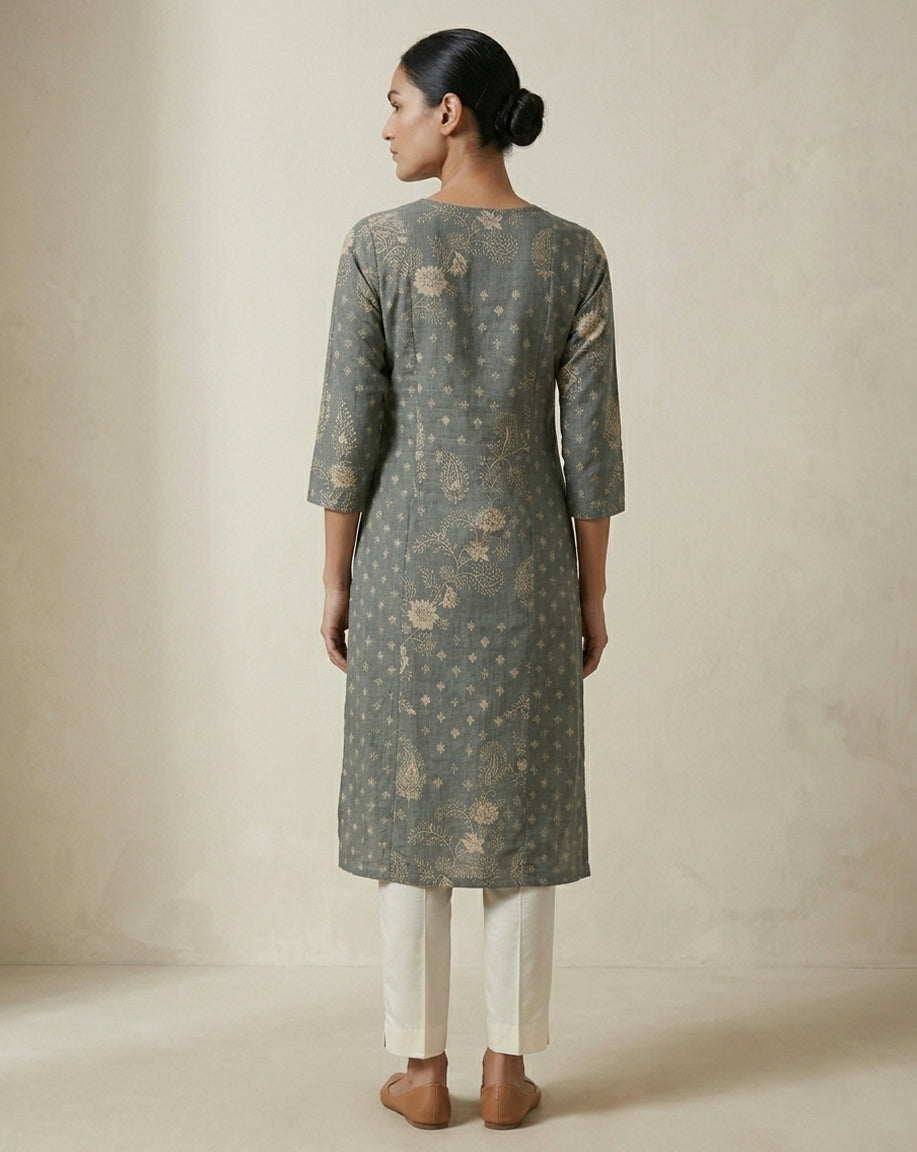 Charcoal Grey Floral Patterned Cotton Straight Kurta