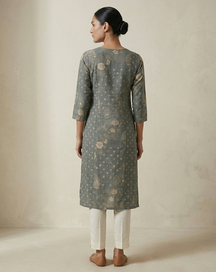 Charcoal Grey Floral Patterned Cotton Straight Kurta