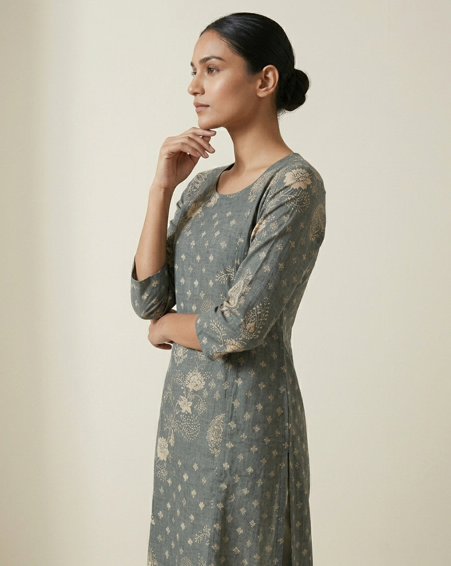 Charcoal Grey Floral Patterned Cotton Straight Kurta