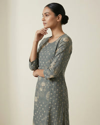 Charcoal Grey Floral Patterned Cotton Straight Kurta 2