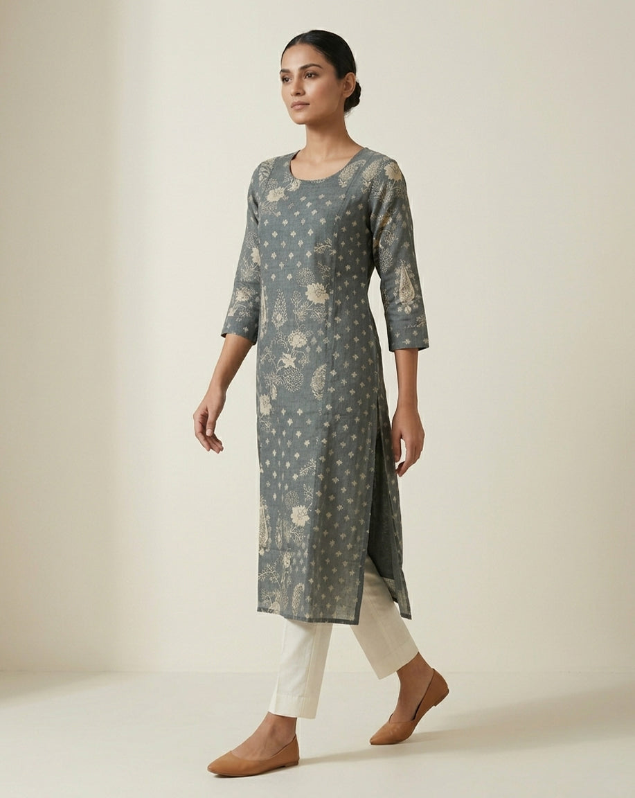 Charcoal Grey Floral Patterned Cotton Straight Kurta