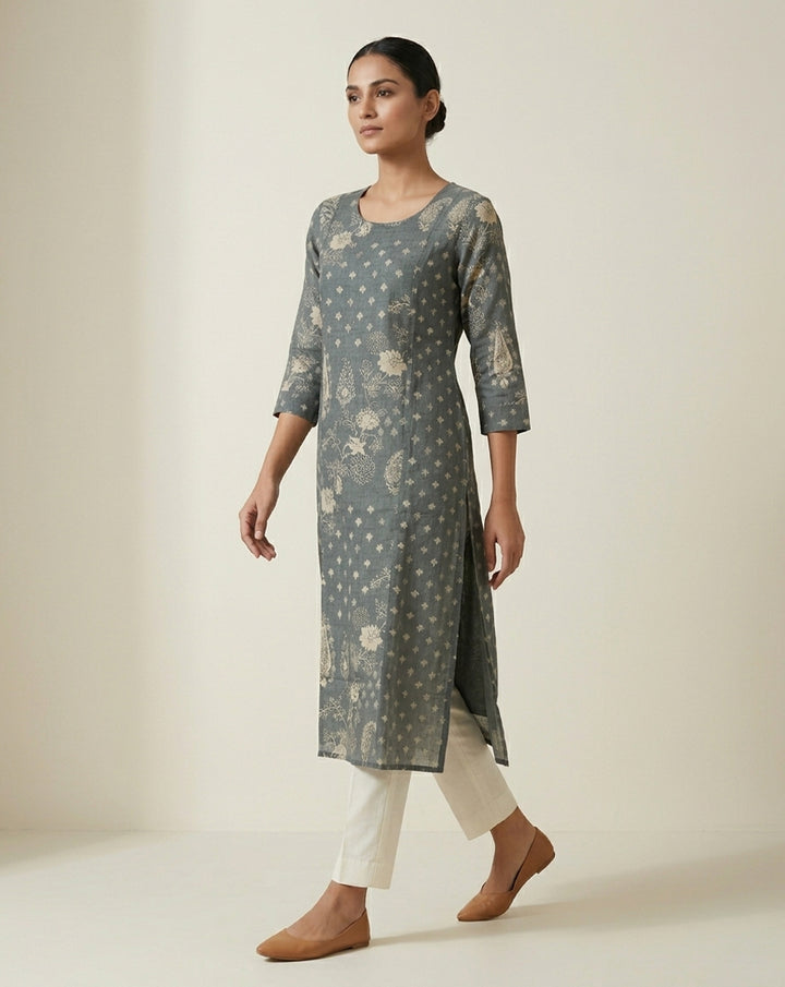 Charcoal Grey Floral Patterned Cotton Straight Kurta