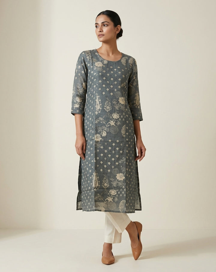 Charcoal Grey Floral Patterned Cotton Straight Kurta