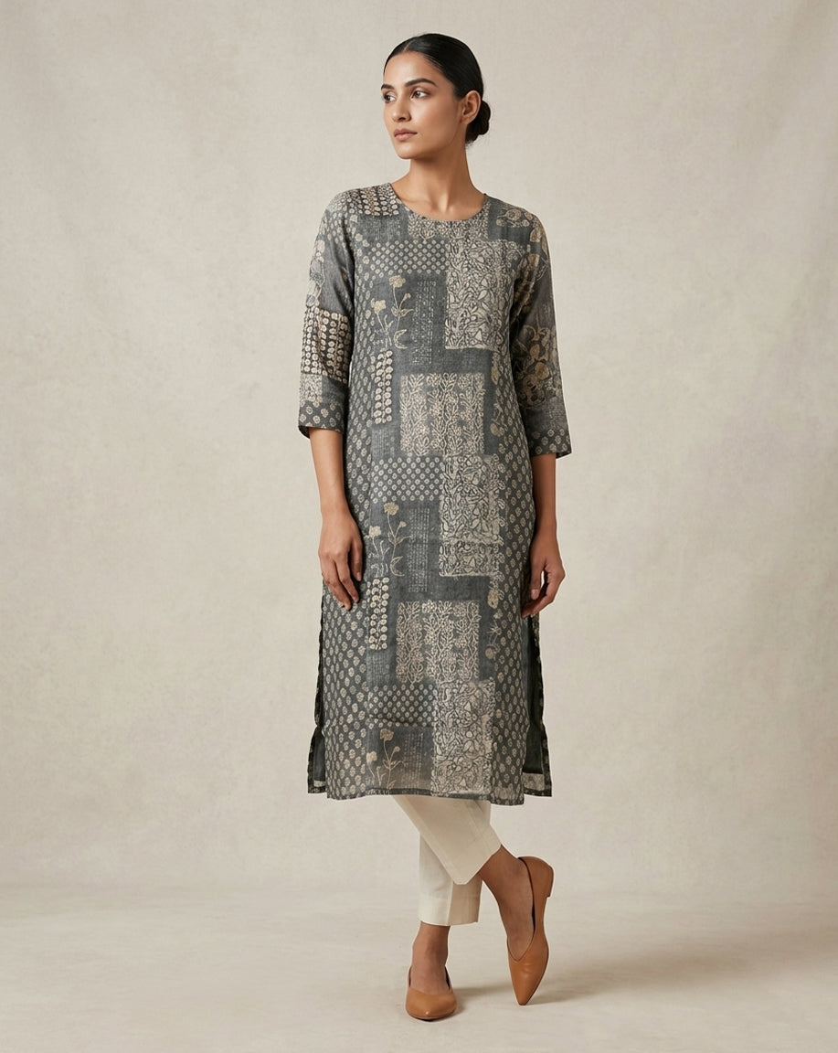 Olive "Botanical" Floral Print Cotton Straight Kurta