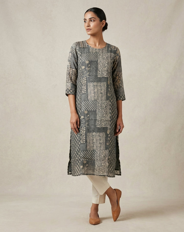 Olive "Botanical" Floral Print Cotton Straight Kurta