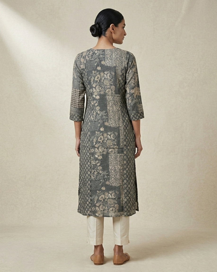 Olive "Botanical" Floral Print Cotton Straight Kurta